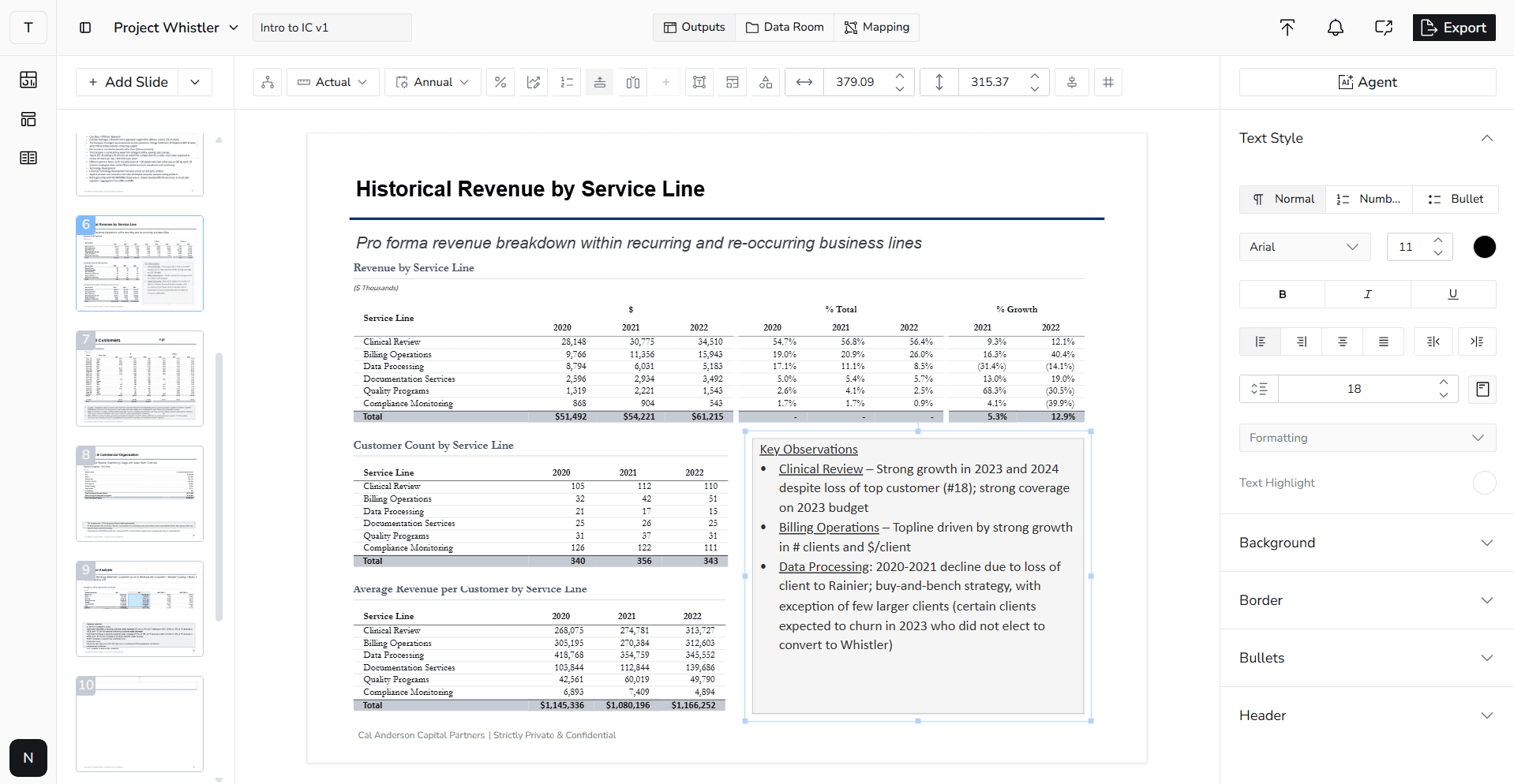 Presentation workspace with an AI agent panel reviewing and updating analysis.