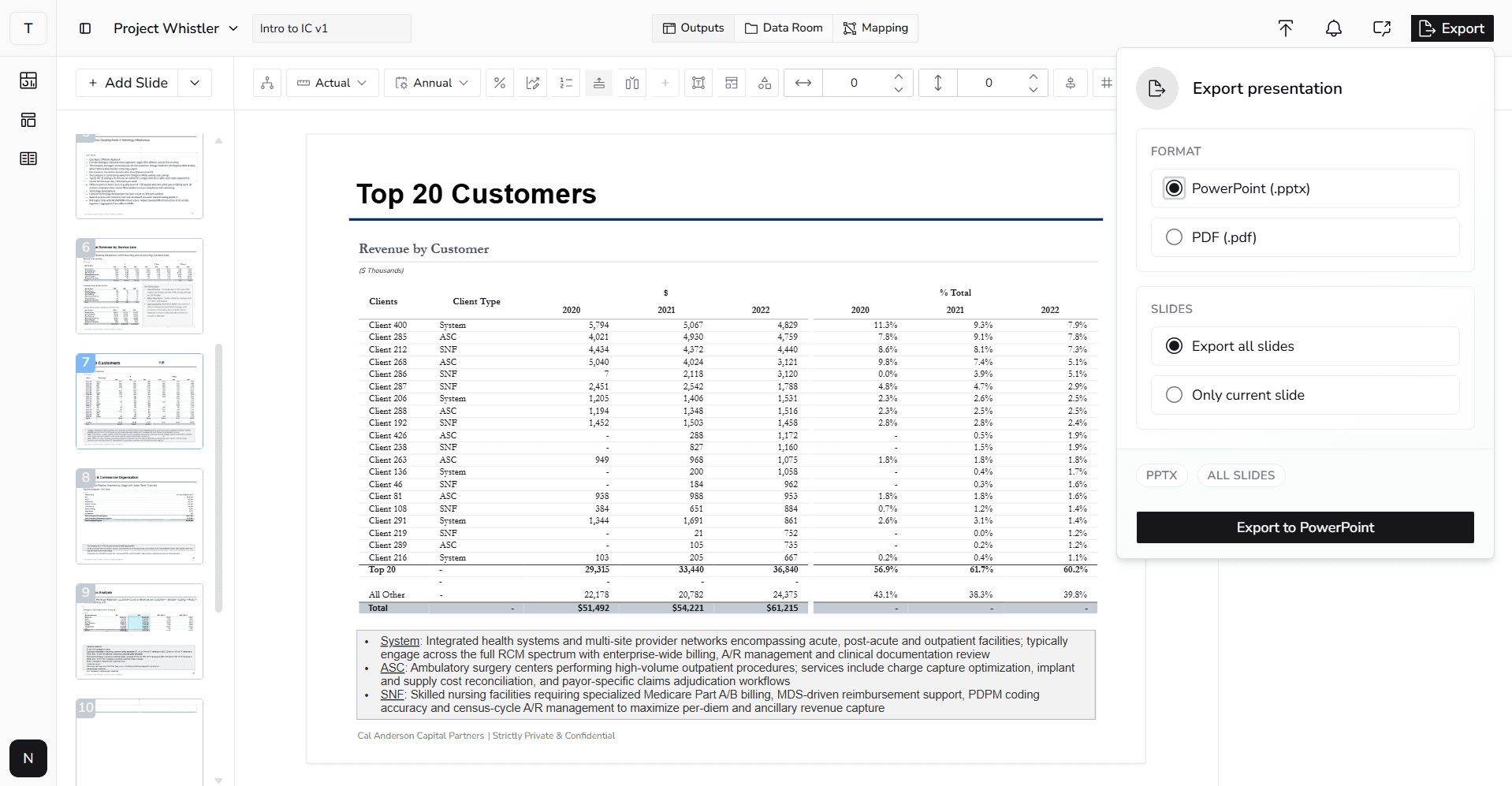 Deal workspace ready to move structured outputs into downstream PowerPoint and Excel workflows.