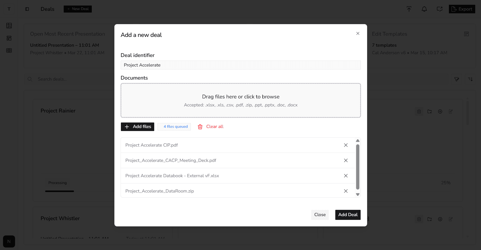 Deal intake workspace with a modal for uploading source documents and data room files.